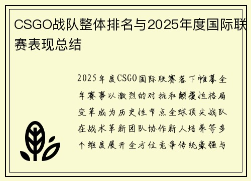 CSGO战队整体排名与2025年度国际联赛表现总结